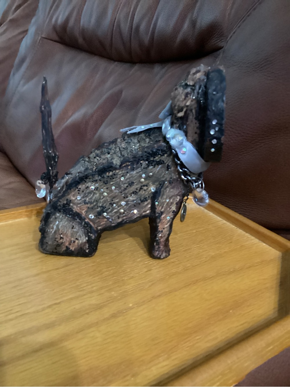 Handcrafted From Tree Bark Decorative Brown Dog Figurine with Crystal Accents - Picture 4 of 8